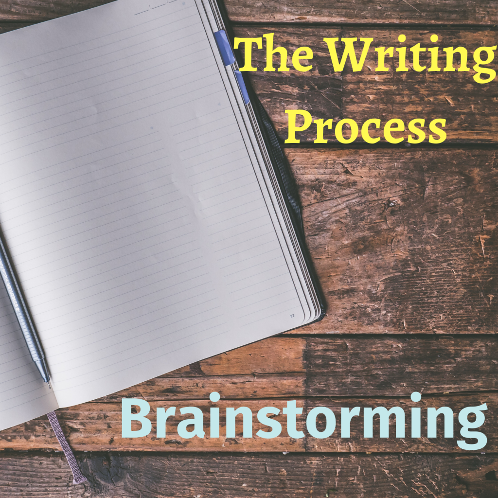 The Writing Process: Brainstorming graphic. Open, lined journal laying on wooden table